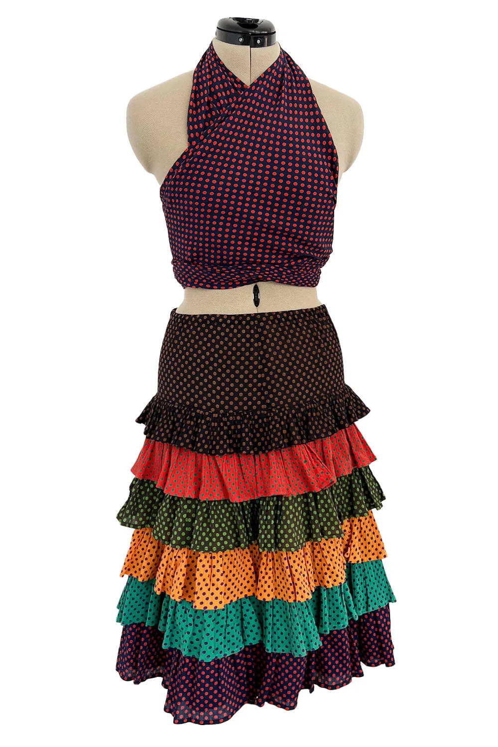 Prettiest Spring 1971 Yves Saint Laurent Documented Dotted Ruffle Skirt & Tie Halter Top Set