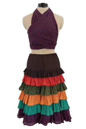 Prettiest Spring 1971 Yves Saint Laurent Documented Dotted Ruffle Skirt & Tie Halter Top Set