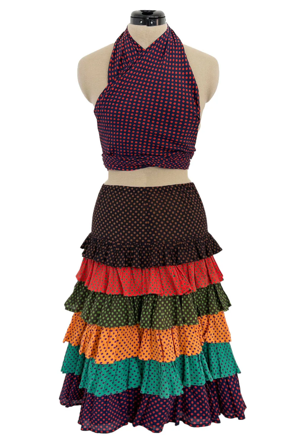 Prettiest Spring 1971 Yves Saint Laurent Documented Dotted Ruffle Skirt & Tie Halter Top Set