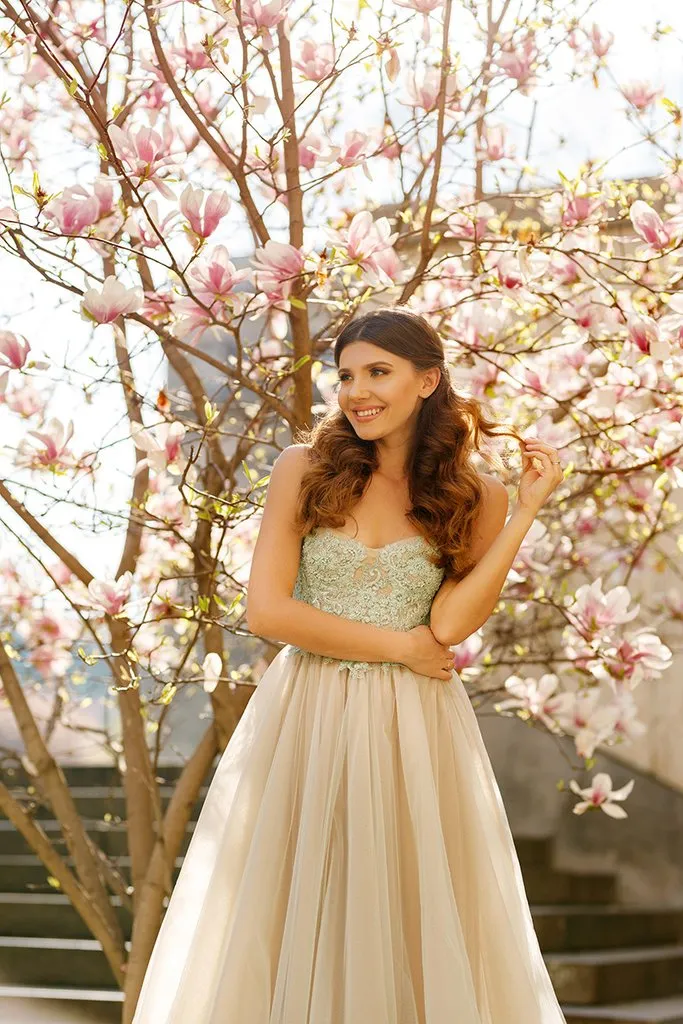 Princess A-line Spaghetti Straps Tulle Sweetheart Prom Dress With Lace Appliques OK415