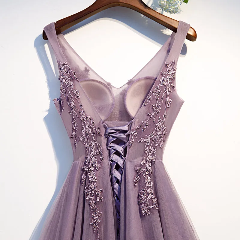 Purple V-Neck Simple A-line Floor-length Appliques Bling Ruched Party, Formal Dresses Long Prom Dress