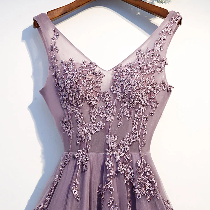 Purple V-Neck Simple A-line Floor-length Appliques Bling Ruched Party, Formal Dresses Long Prom Dress