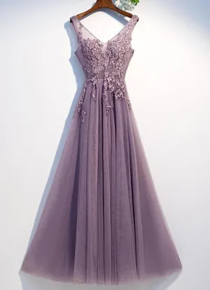 Purple V-Neck Simple A-line Floor-length Appliques Bling Ruched Party, Formal Dresses Long Prom Dress