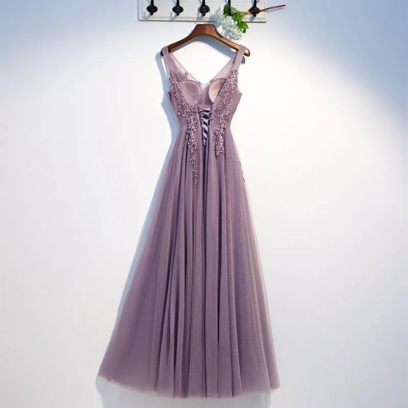 Purple V-Neck Simple A-line Floor-length Appliques Bling Ruched Party, Formal Dresses Long Prom Dress