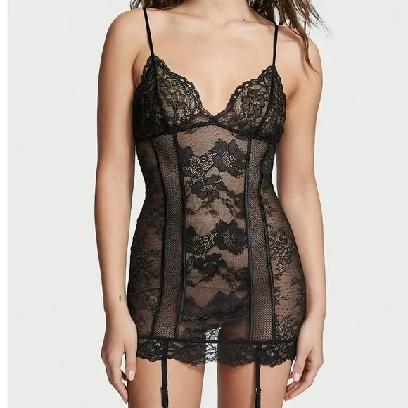 RARE Victoria’s Secret Black Lace Garter Slip