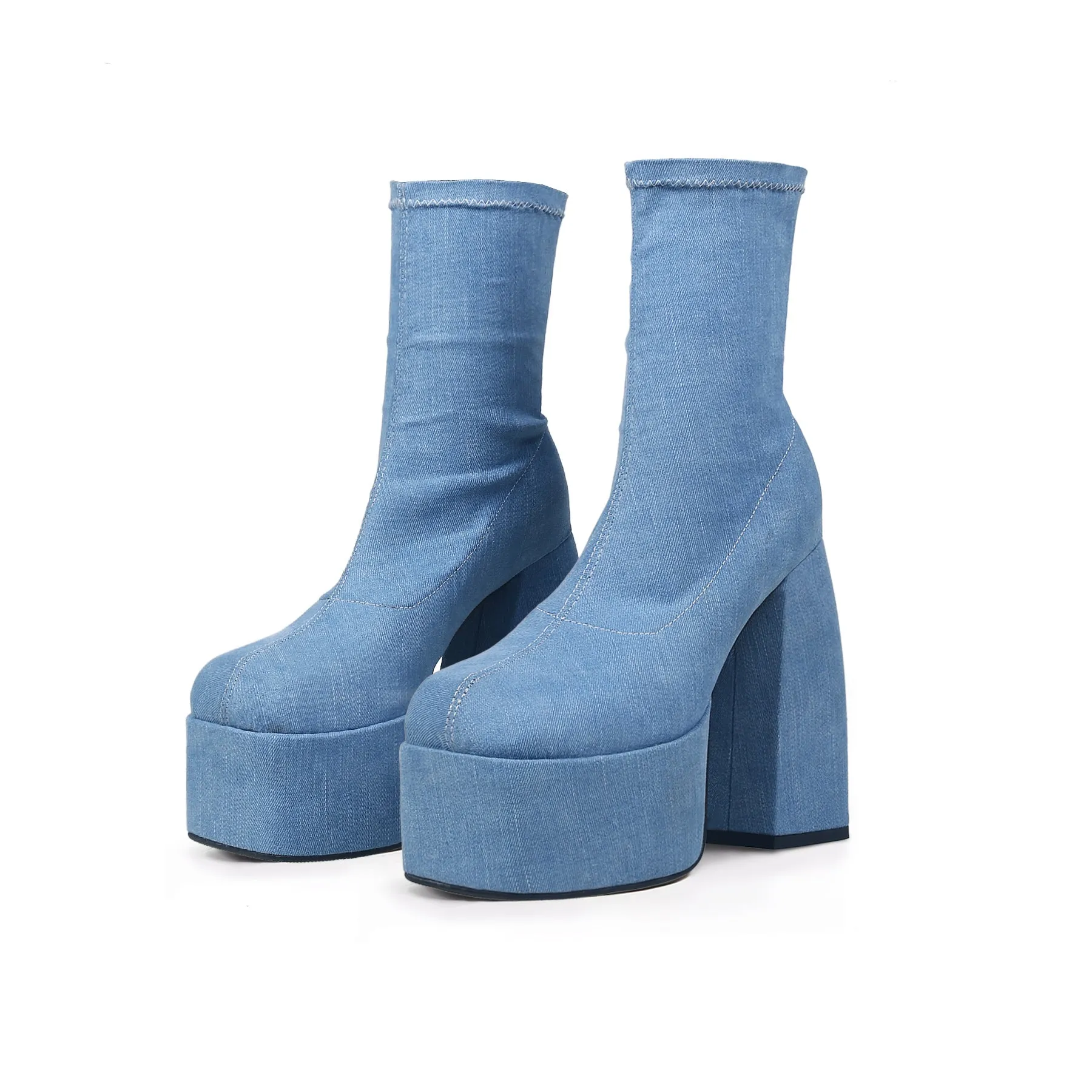 Raven Chunky Heeled Denim Sock Boots