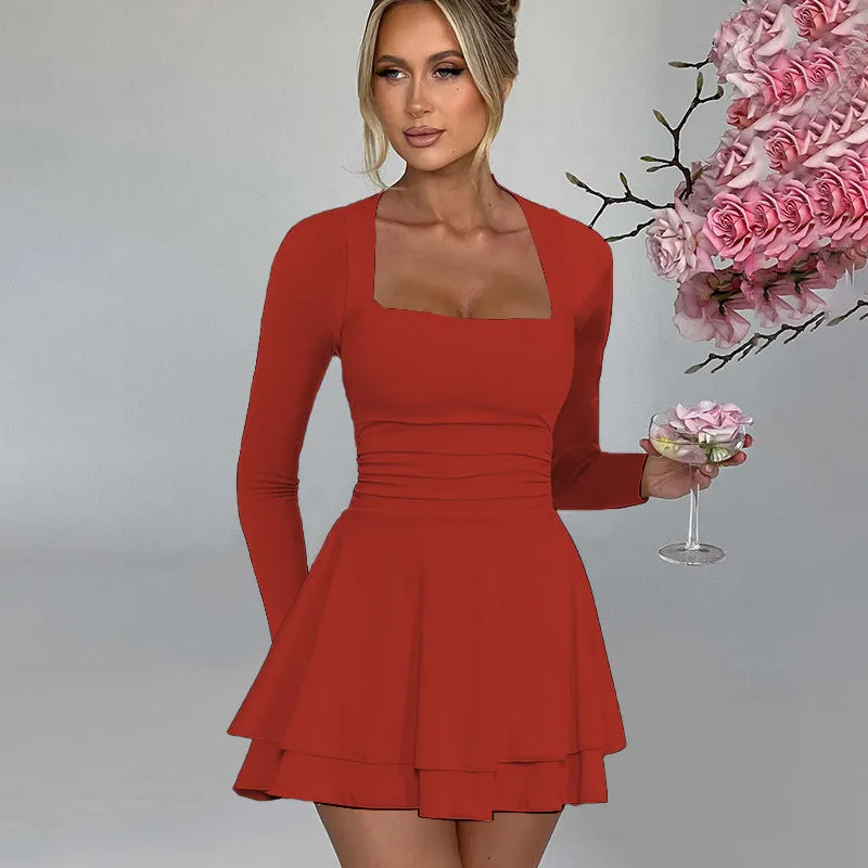 REALAIOT  Sanhu Lianjiang F24DS325 2025 women's clothing square collar long sleeve waist ruffle edge simple and elegant dress wholesale