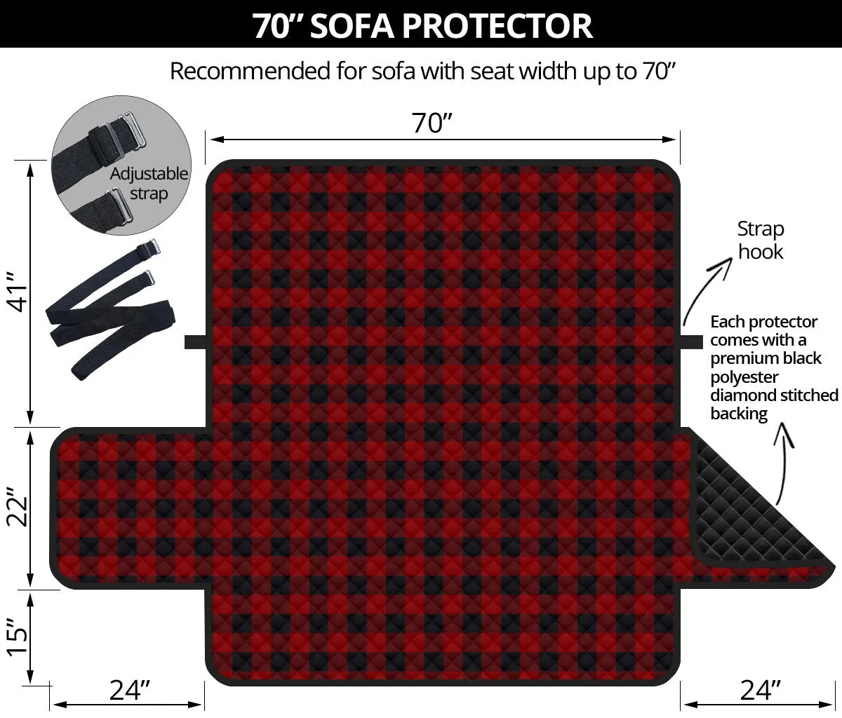 Red and Black Buffalo Plaid 70" Sofa Cover Couch Protector Slip Cover Farmhouse Country Home Decor