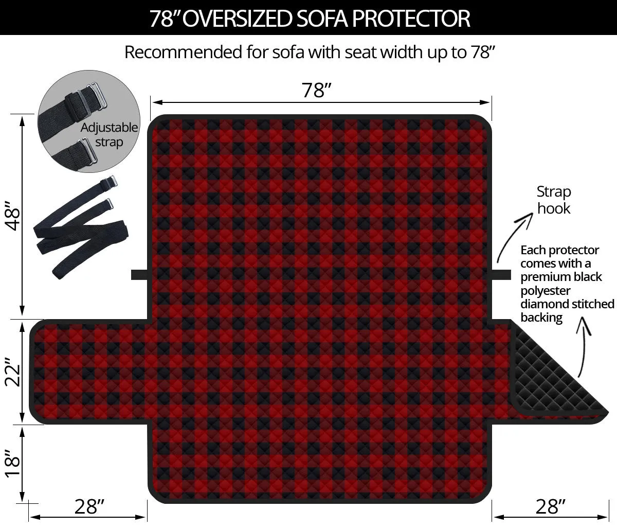 Red and Black Buffalo Plaid 78" Oversized Sofa Protector Couch Cover Farmhouse Country Pattern Slip Cover