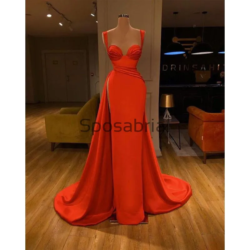 Red Mermaid Tight Cheap Slit Satin Simple Modest Prom Dresses PD2083