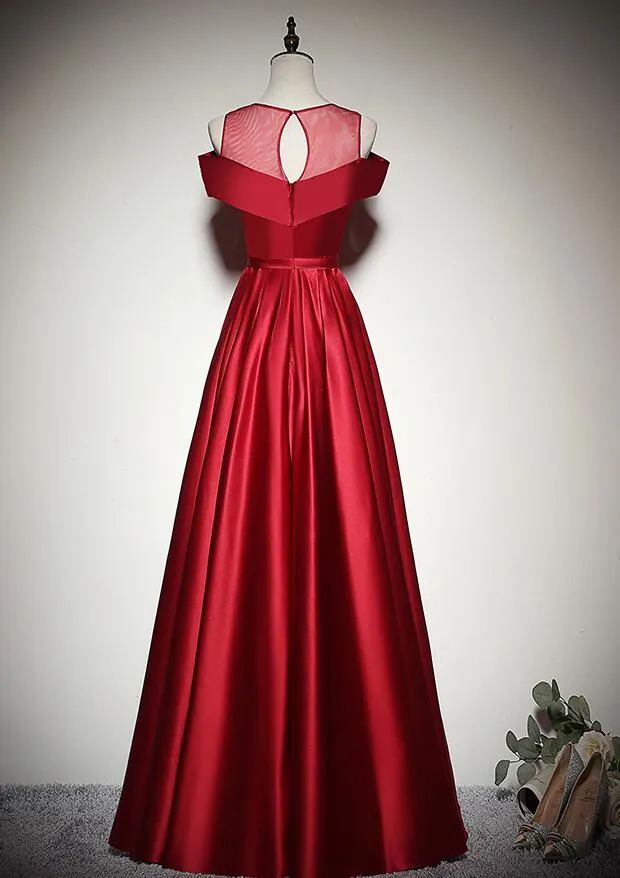 Red Satin Simple A-line Off Shoulder Long Party Dress, Red Evening Dress Prom Dress