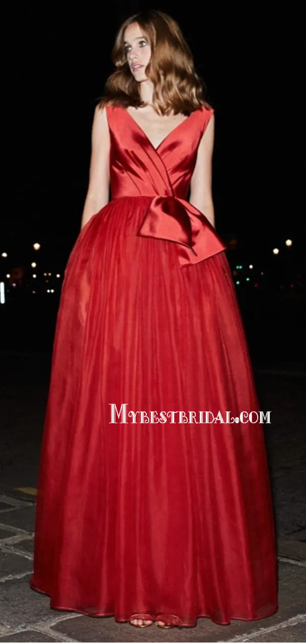Red V Neck A-line Organza Simple Long Prom Dresses, PDS0186
