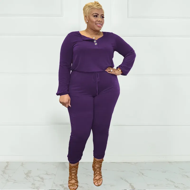 Renee Plus Size Long Sleeve Henley Jogger Jumpsuit
