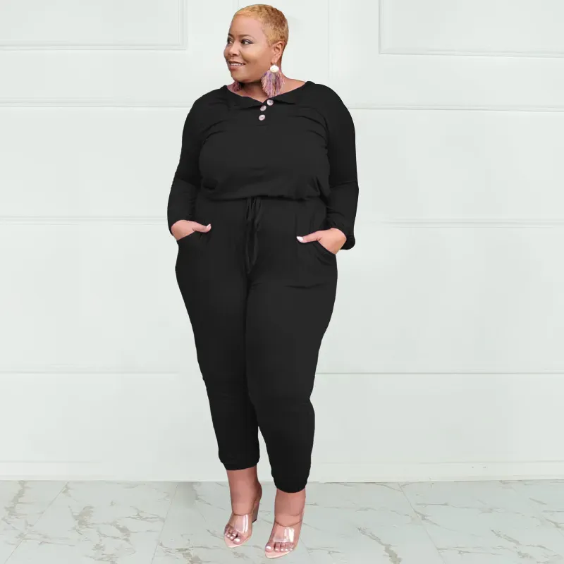 Renee Plus Size Long Sleeve Henley Jogger Jumpsuit