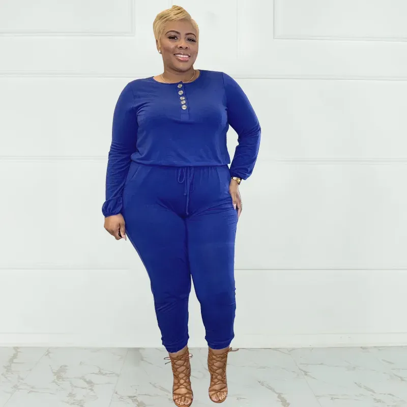 Renee Plus Size Long Sleeve Henley Jogger Jumpsuit