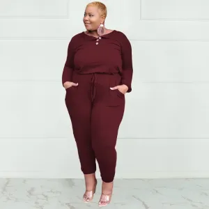 Renee Plus Size Long Sleeve Henley Jogger Jumpsuit