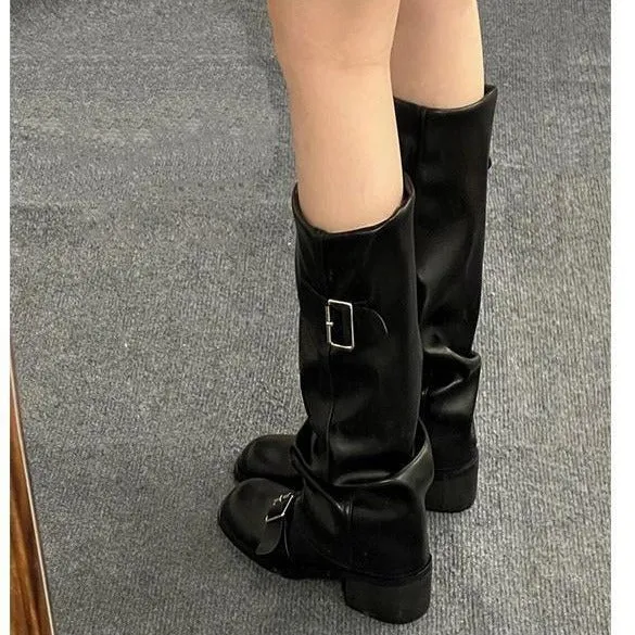 Retro Simple Short Heel Pleated Knight Boots