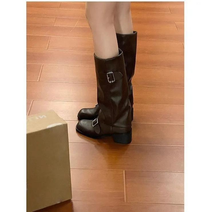 Retro Simple Short Heel Pleated Knight Boots