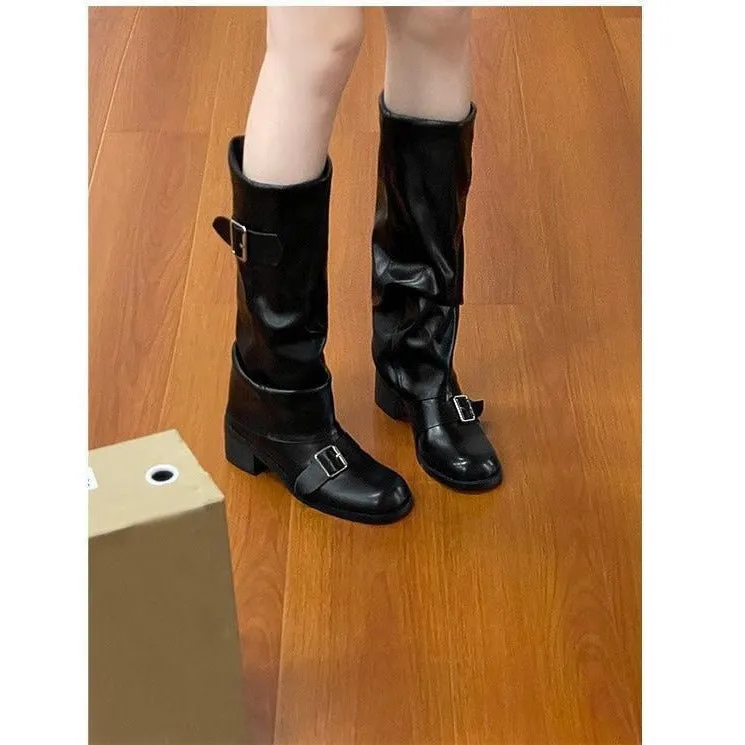 Retro Simple Short Heel Pleated Knight Boots