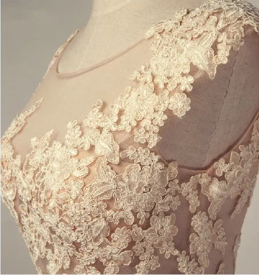 Round Neck Cap Sleeves Lace Appliques Prom Dresses, PD0662