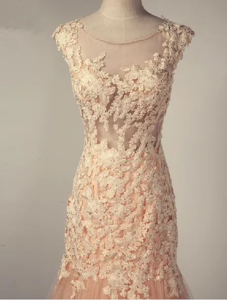 Round Neck Cap Sleeves Lace Appliques Prom Dresses, PD0662