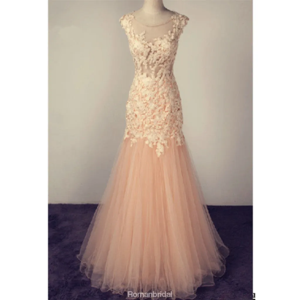Round Neck Cap Sleeves Lace Appliques Prom Dresses, PD0662