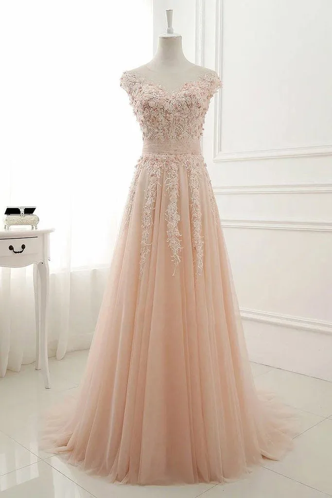 Round Neck Lace Appliques Prom Dresses,Tulle A Line Evening Dresses OK427