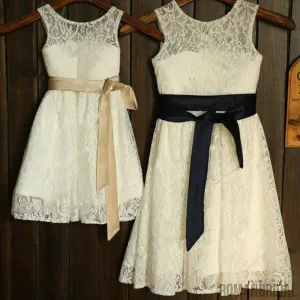 Round Neck Lace Long A-line Flower Girl Dresses With Belt, FG008