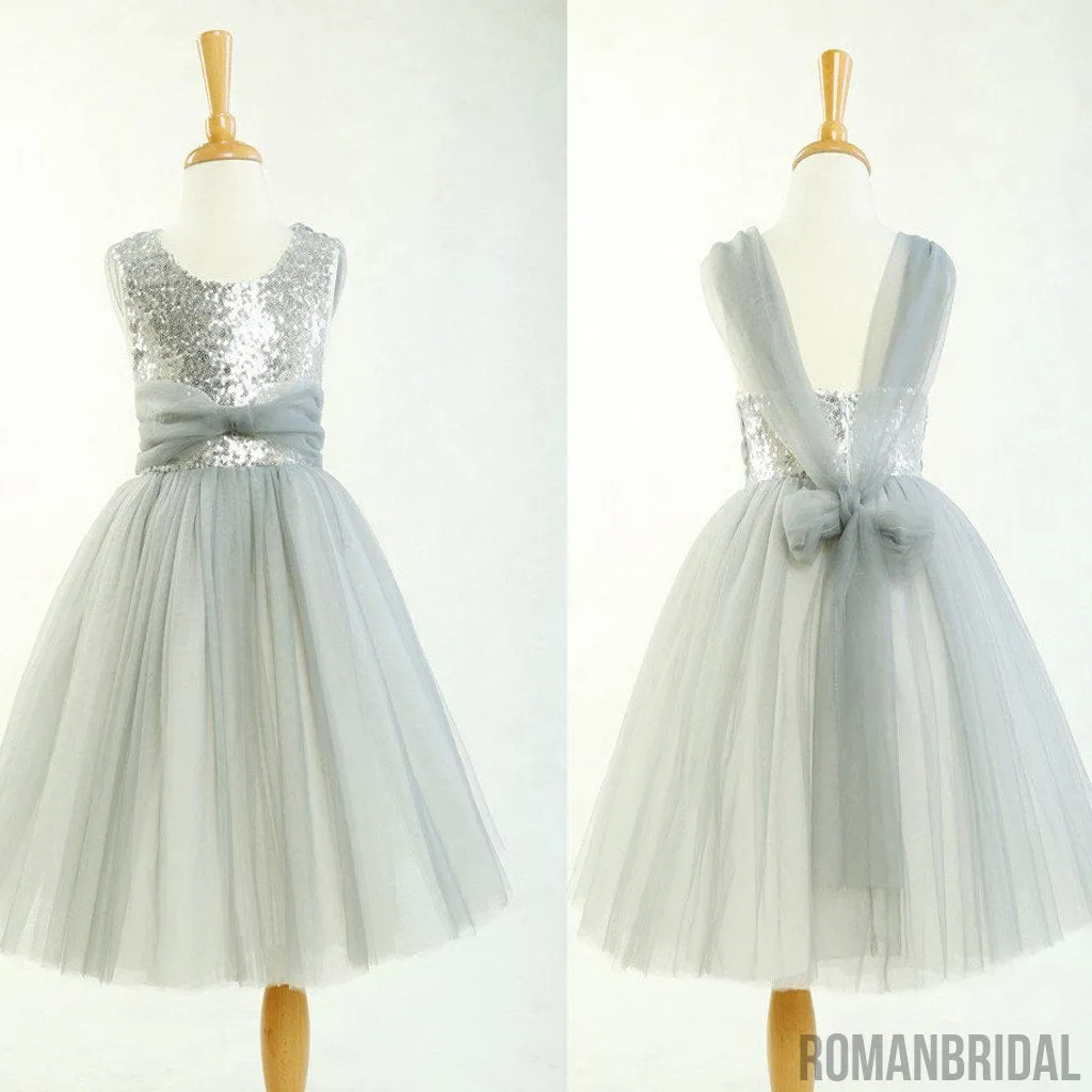 Round Neck Silver Sequin Tulle Pretty Little Girl Dresses For Wedding Party, Flower Girl Dresses, FG003
