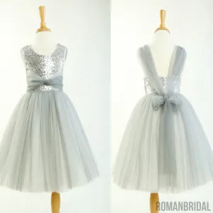 Round Neck Silver Sequin Tulle Pretty Little Girl Dresses For Wedding Party, Flower Girl Dresses, FG003