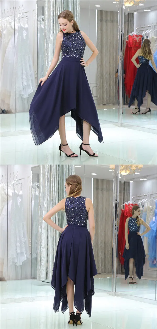 Round Neck Sleeveless Beading Top Chiffon Homecoming Dresses, HD0494