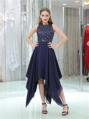 Round Neck Sleeveless Beading Top Chiffon Homecoming Dresses, HD0494