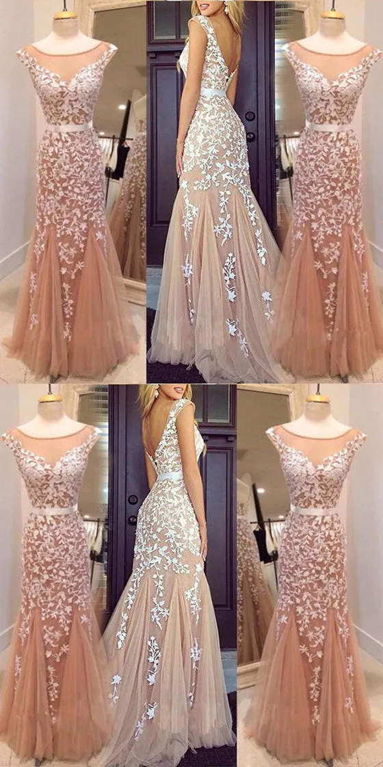 Round Neck V-Back Appliques Cap Sleeves Tulle Prom Dresses, PD0660