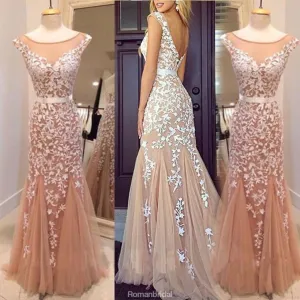 Round Neck V-Back Appliques Cap Sleeves Tulle Prom Dresses, PD0660