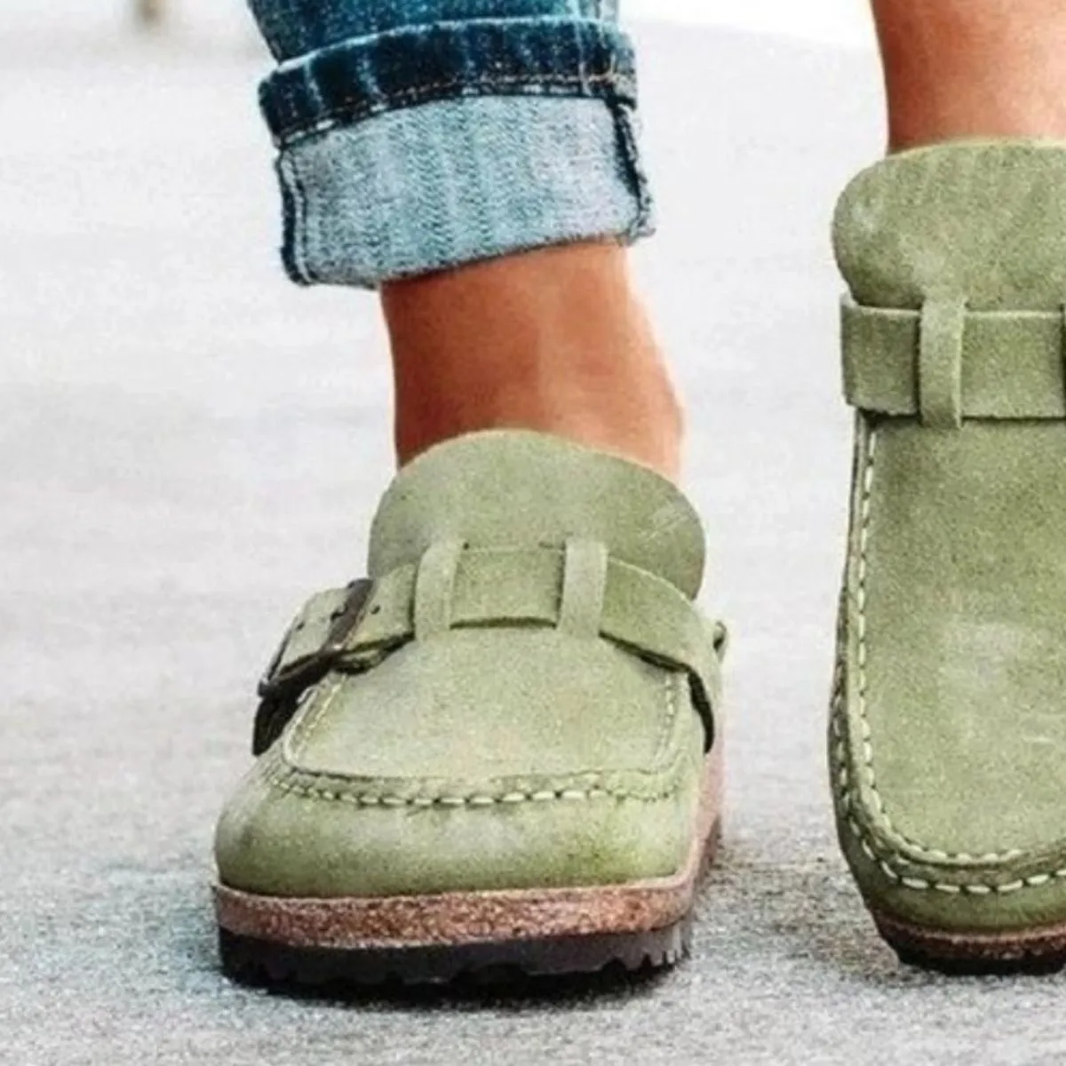 Round Toe Low Heel Buckle Clogs