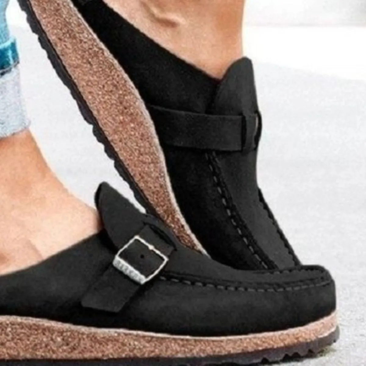 Round Toe Low Heel Buckle Clogs