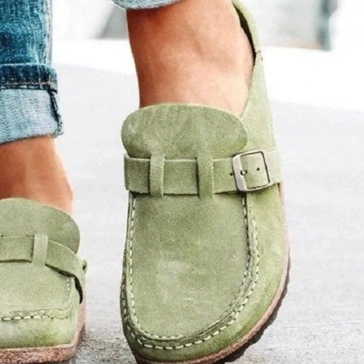Round Toe Low Heel Buckle Clogs