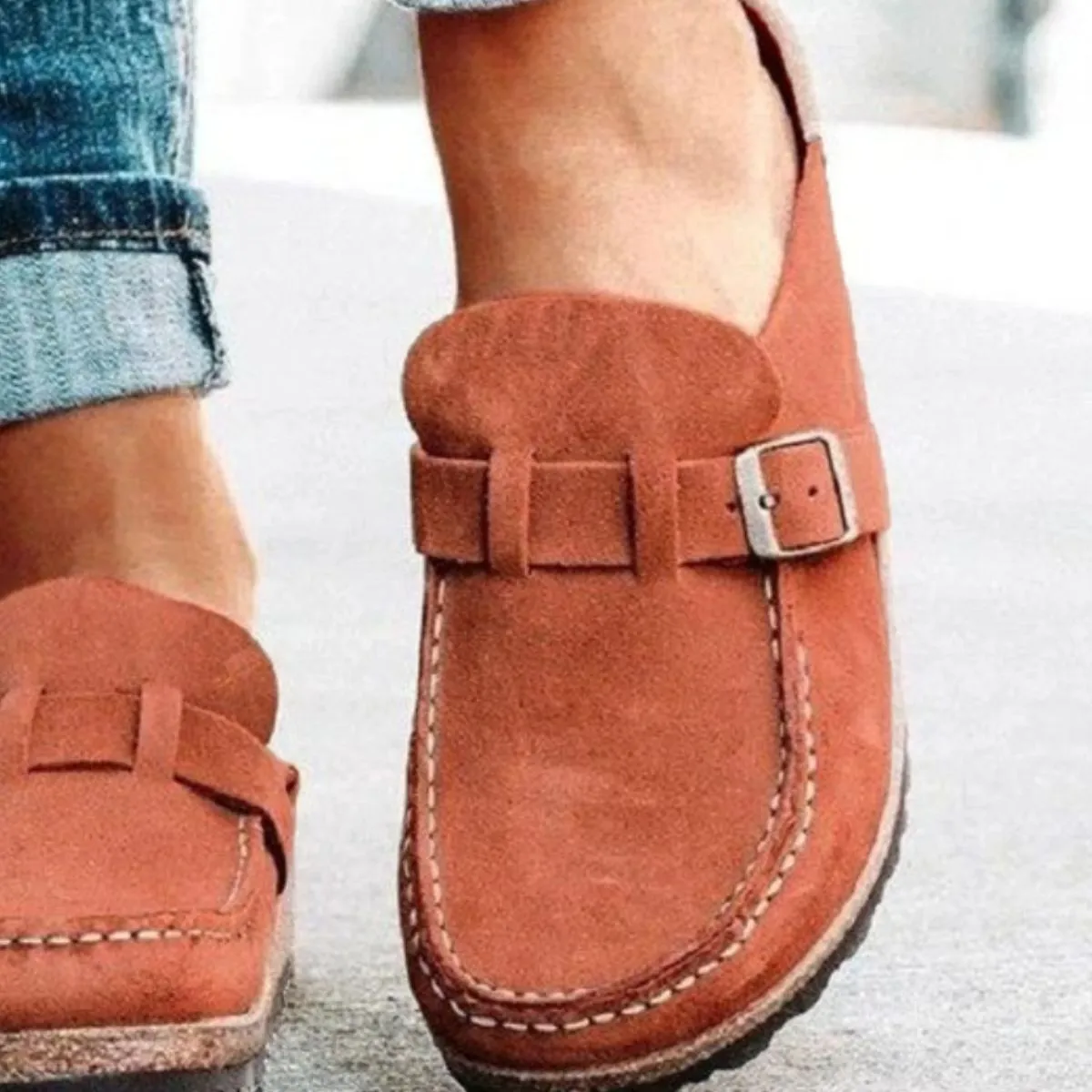 Round Toe Low Heel Buckle Clogs