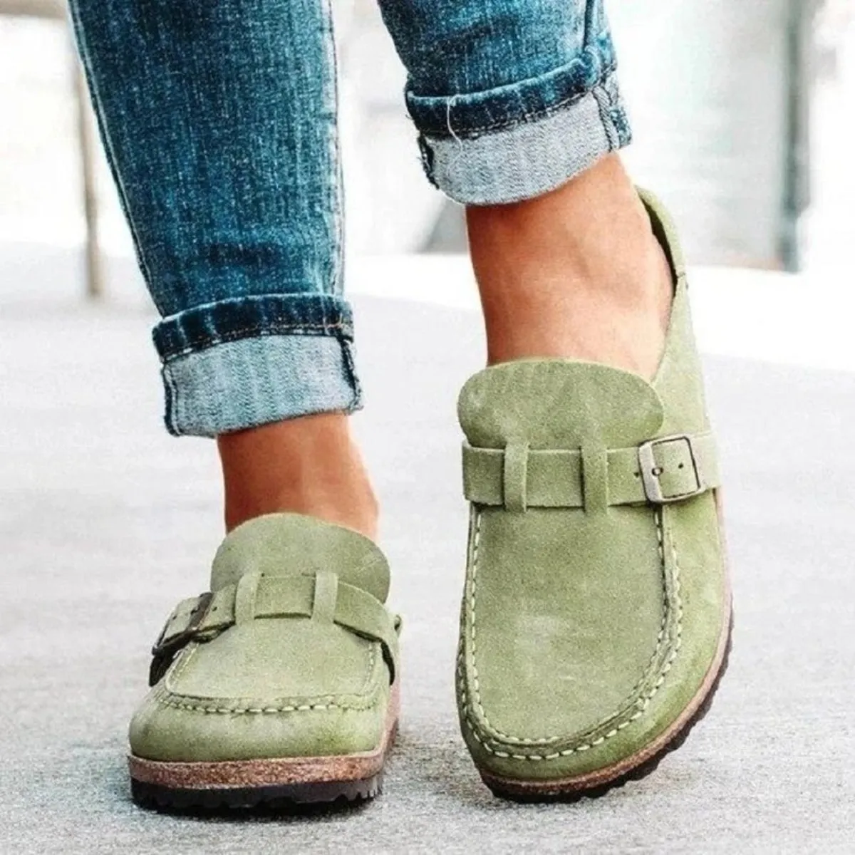 Round Toe Low Heel Buckle Clogs