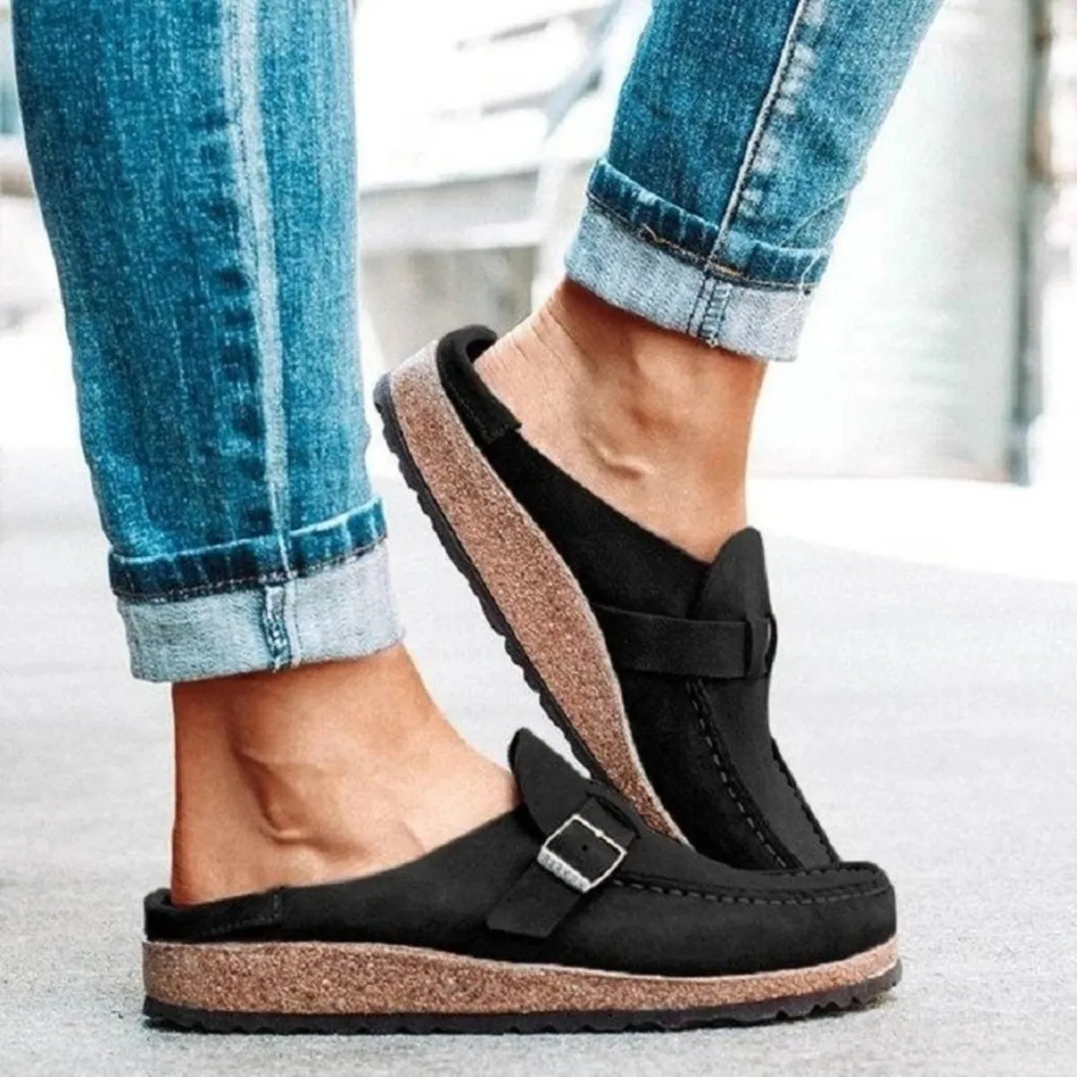 Round Toe Low Heel Buckle Clogs