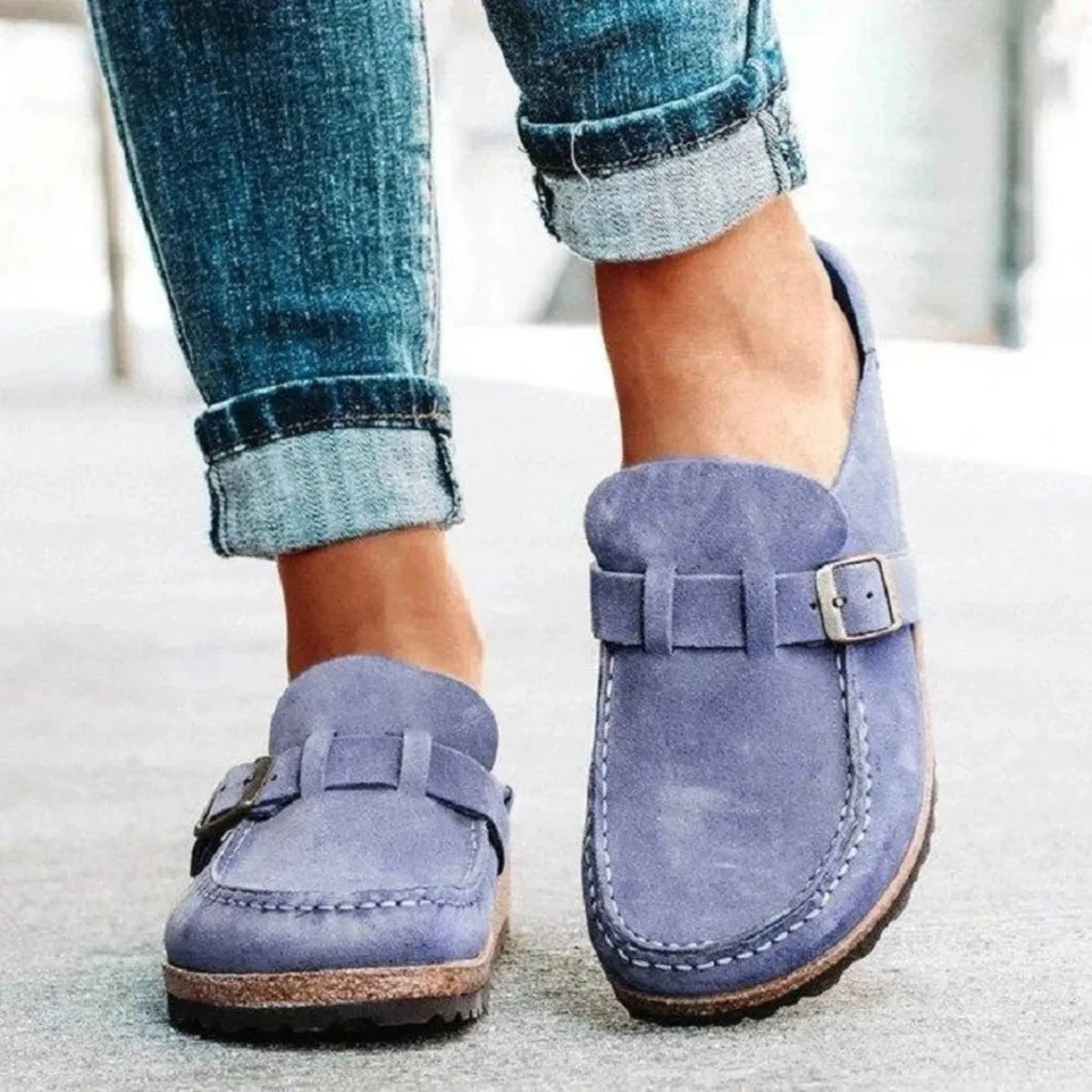 Round Toe Low Heel Buckle Clogs