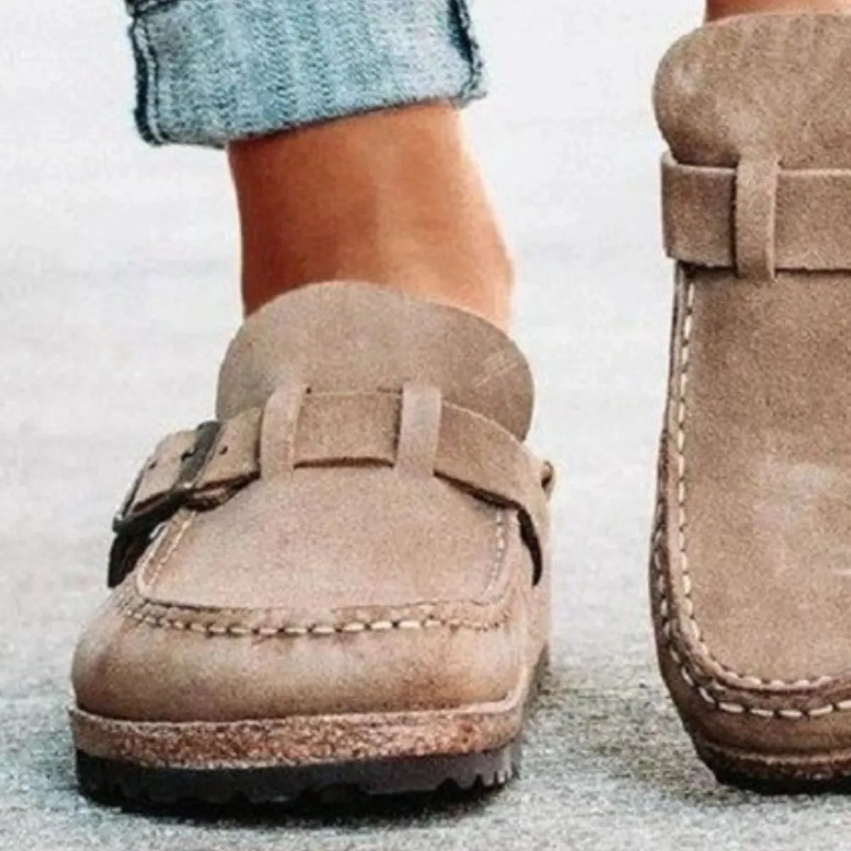 Round Toe Low Heel Buckle Clogs
