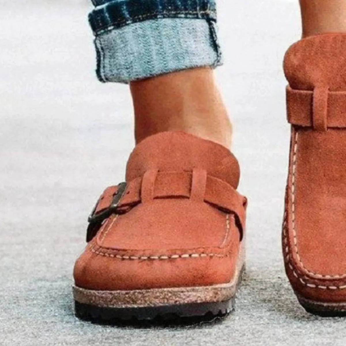 Round Toe Low Heel Buckle Clogs