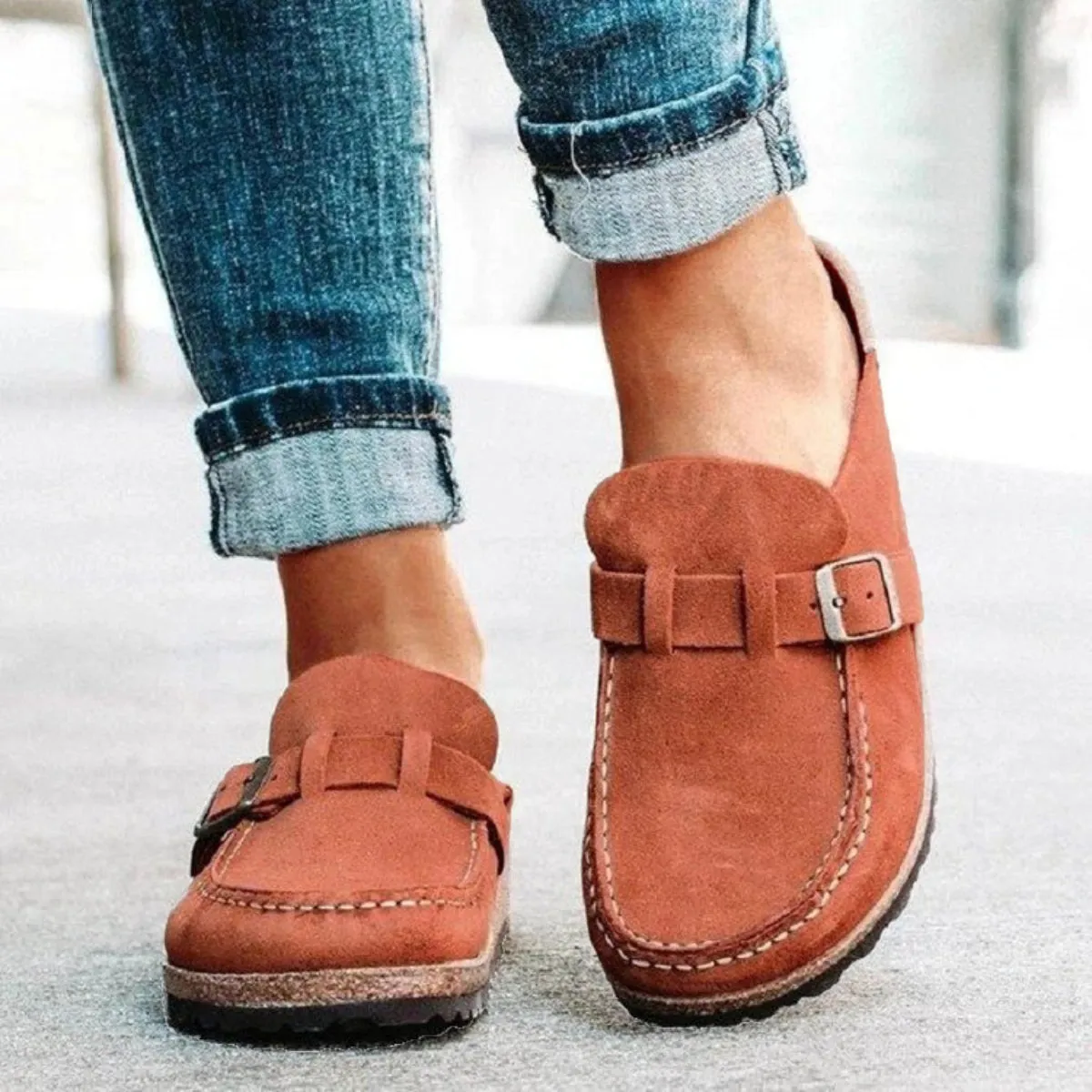 Round Toe Low Heel Buckle Clogs