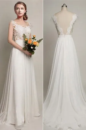 Roycebridal Chiffon A-Line V-back Wedding Party Dresses, Simple Lace Long Wedding Dress, MW131