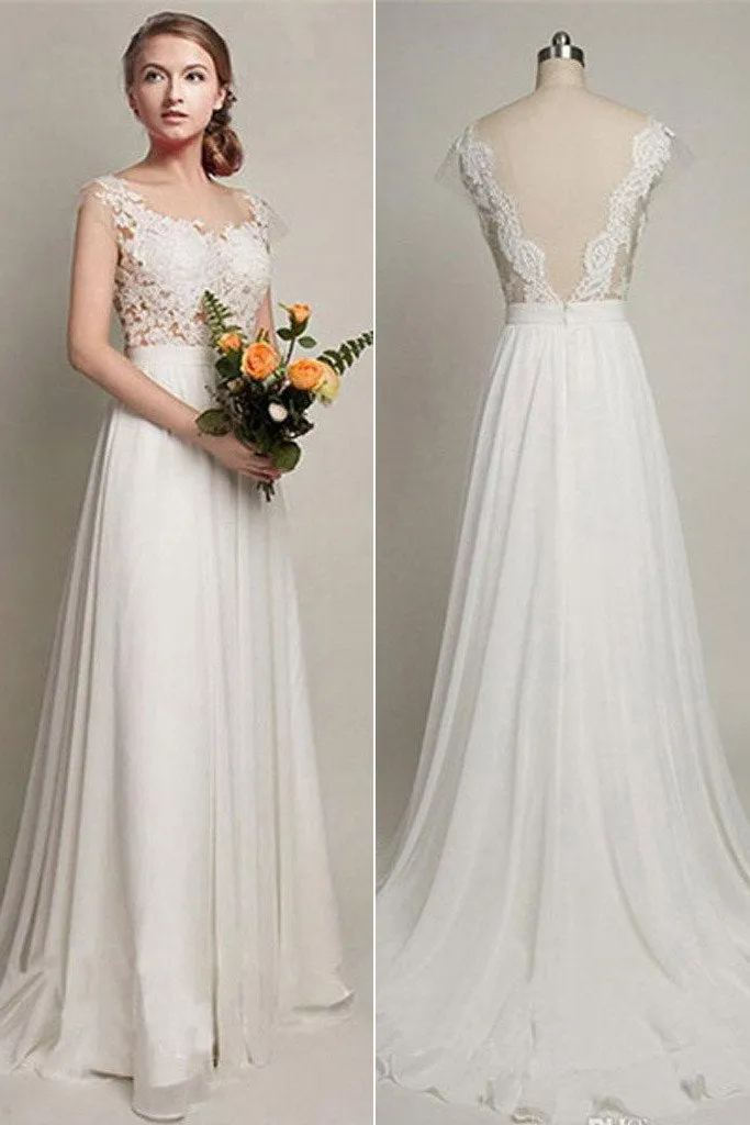 Roycebridal Chiffon A-Line V-back Wedding Party Dresses, Simple Lace Long Wedding Dress, MW131