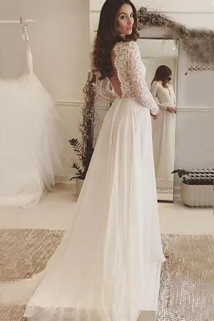 Roycebridal Fabulous Ivory Lace Chiffon Long Sleeves Backless V-Neck Wedding Dresses, MW173