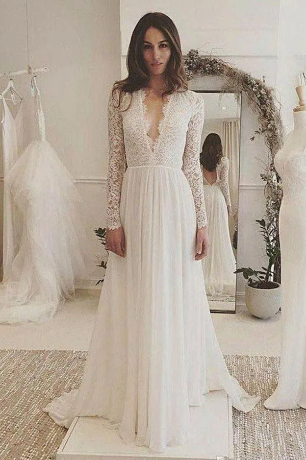 Roycebridal Fabulous Ivory Lace Chiffon Long Sleeves Backless V-Neck Wedding Dresses, MW173
