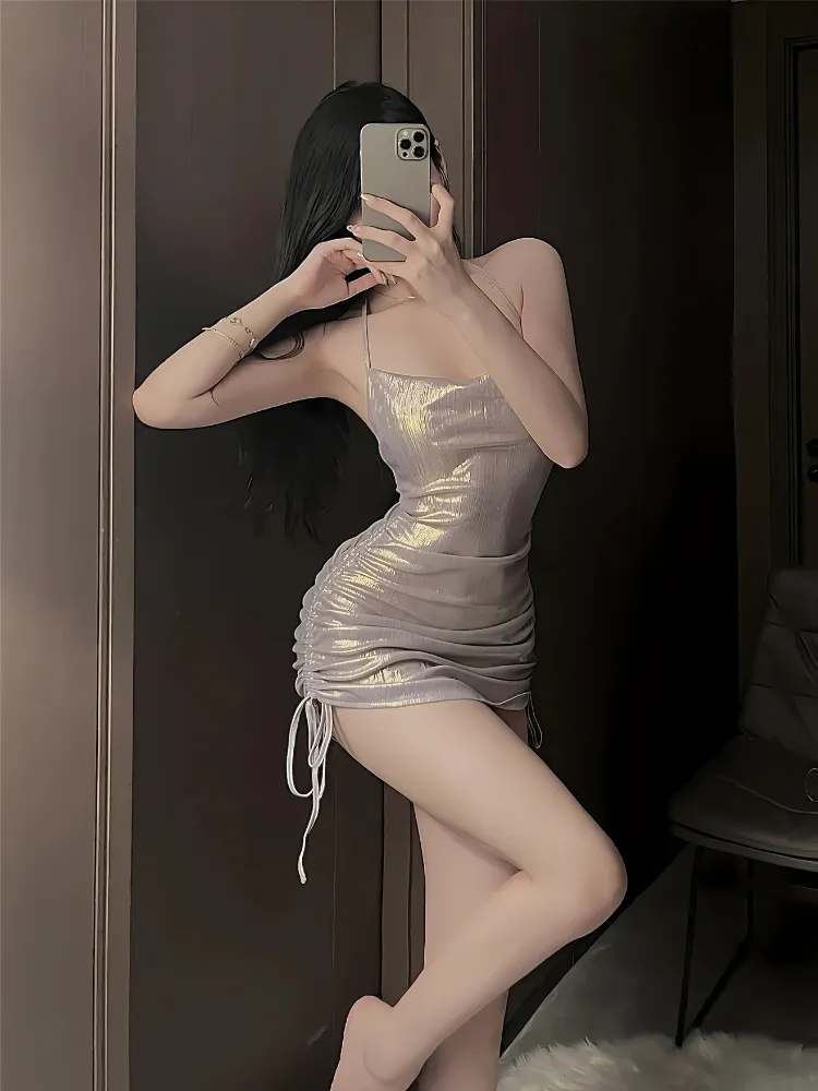 Ruched Metallic Halter Slip Dress