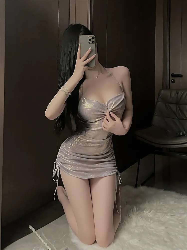 Ruched Metallic Halter Slip Dress